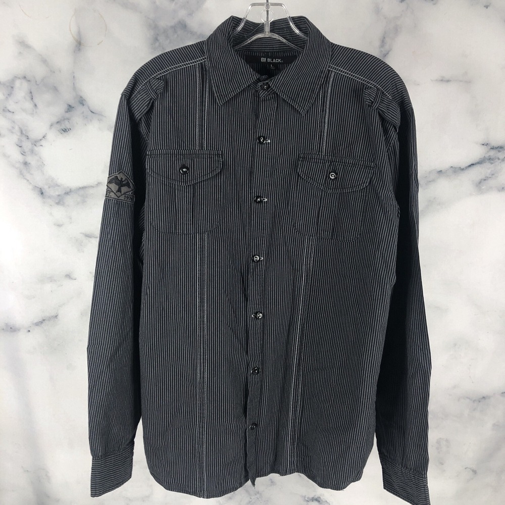 CJ Black Mens L Large Long Sleeve Slim Shirt Black Grey Striped Button Up